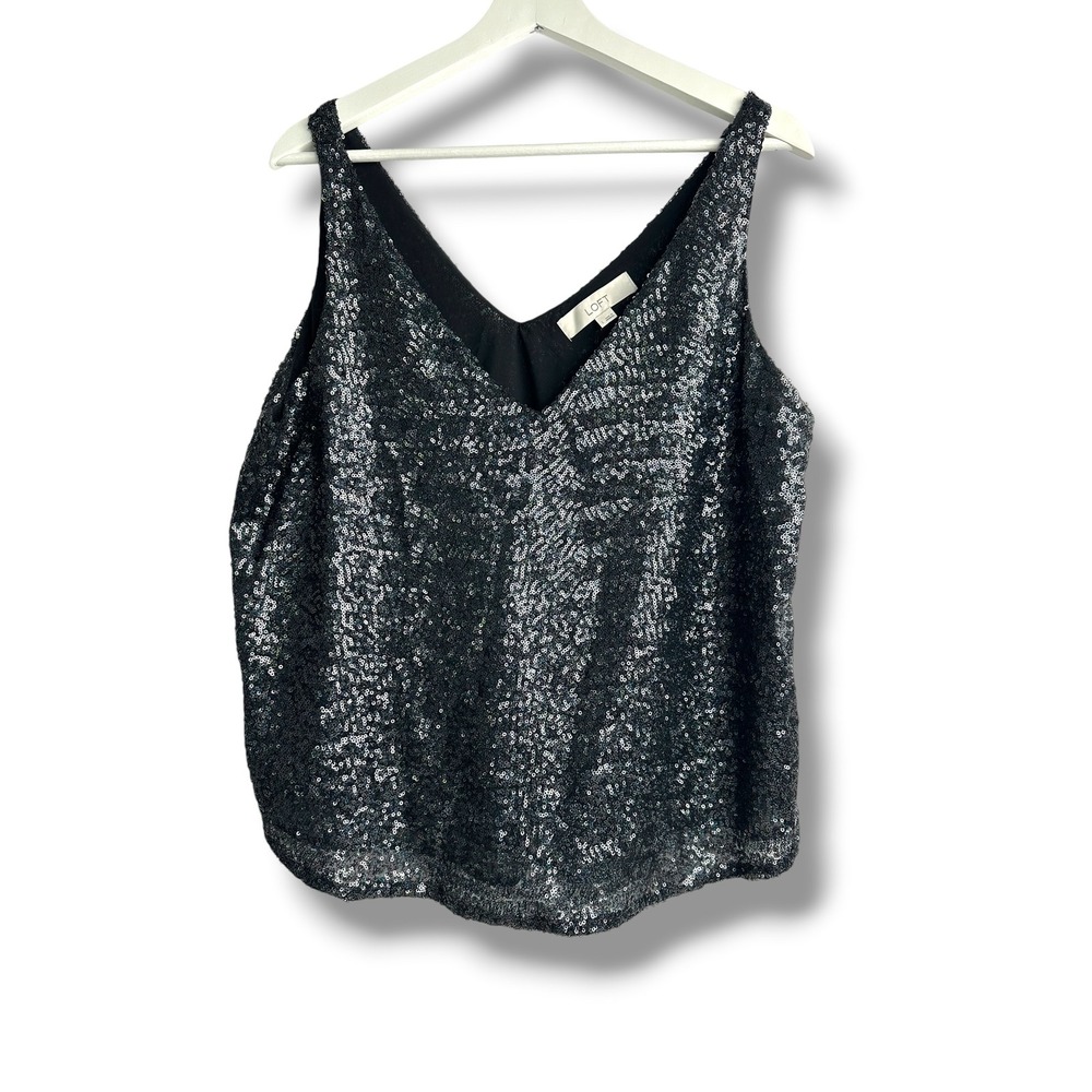 LOFT Womens Black Sequin V-Neck Sleeveless Camisole Tank Top Large